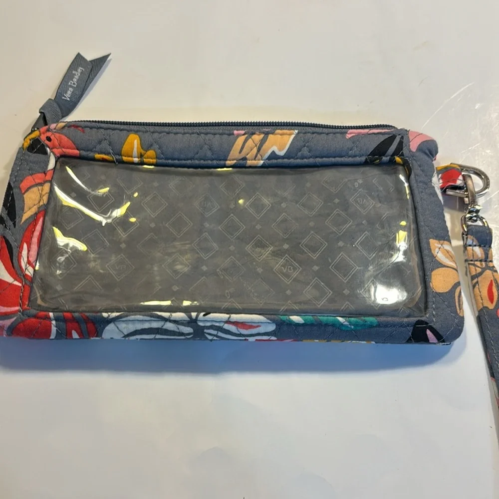 Vera Bradley wristlet floral motif grey clear back pocket